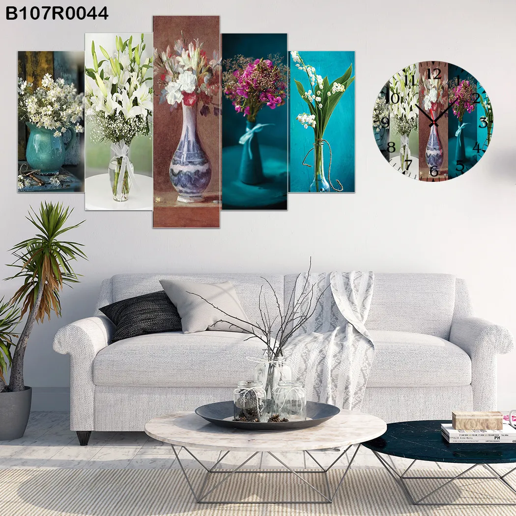 Parçalı Ahşap Duvar Tablo Mdf 5 Parça Set Ve Saatli