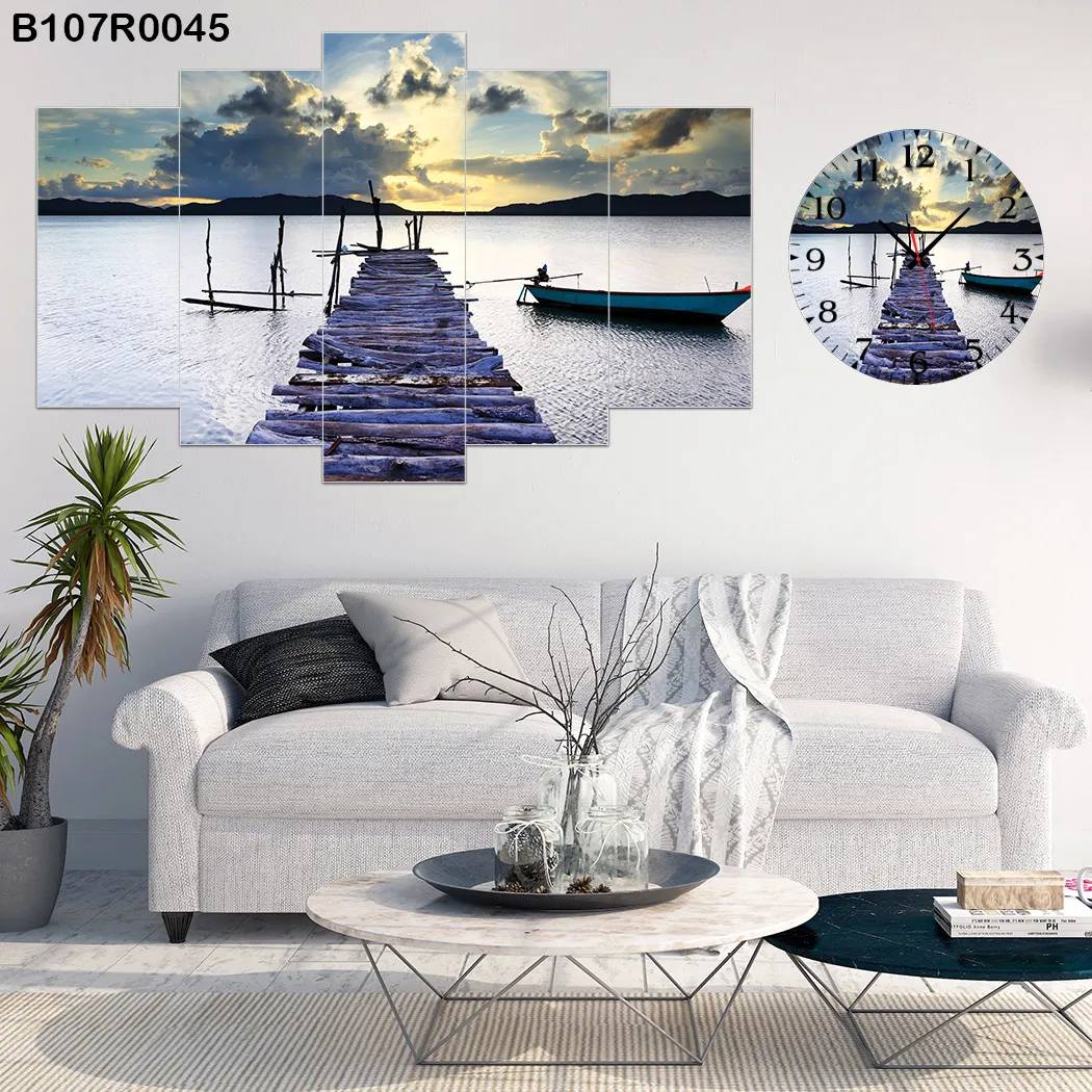 Parçalı Ahşap Duvar Tablo Mdf 5 Parça Set Ve Saatli